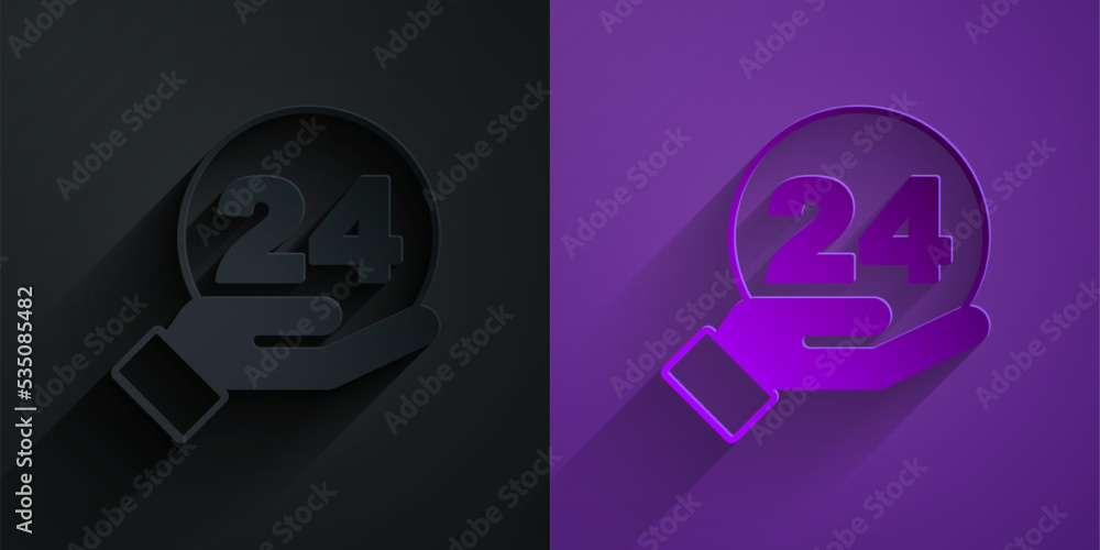 Paper cut Telephone 24 hours support icon isolated on black on purple background. All-day customer s