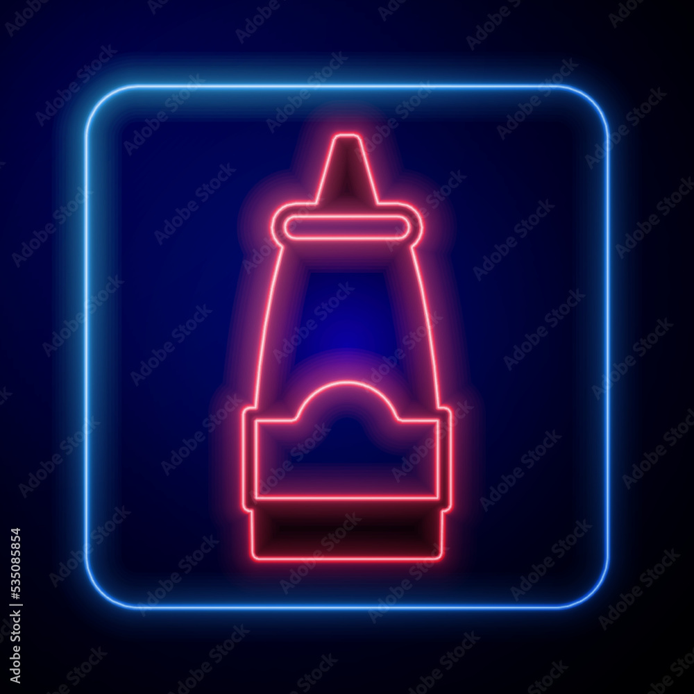 Glowing neon Sauce bottle icon isolated on black background. Ketchup, mustard and mayonnaise bottles