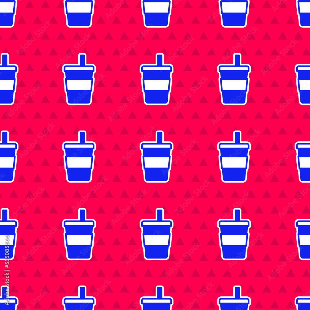 Blue Paper glass with drinking straw and water icon isolated seamless pattern on red background. Sod