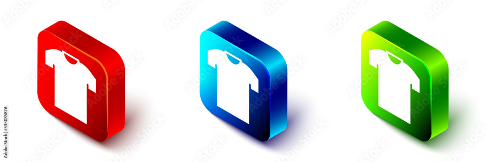 Isometric T-shirt icon isolated on white background. Red, blue and green square button. Vector