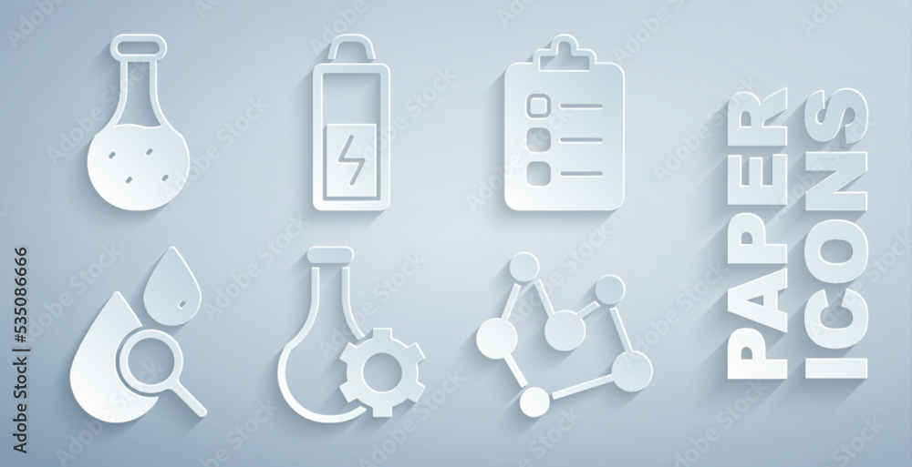 Set Test tube, To do list or planning, Drop and magnifying glass, Chemical formula, Battery and icon