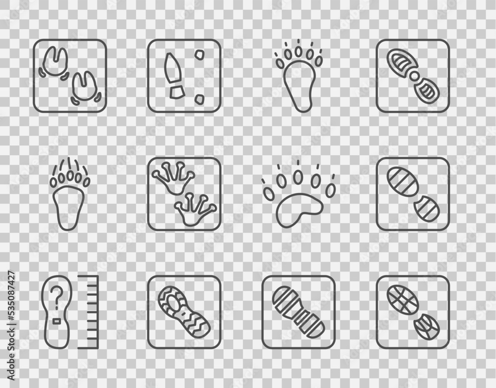 设定线正方形测量脚的大小，人类脚印鞋，熊掌，野猪，青蛙和图标。Vect
