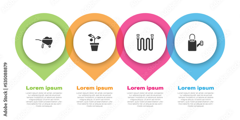 设置带泥土的手推车、花盆、花园软管和水罐。商业信息图模板