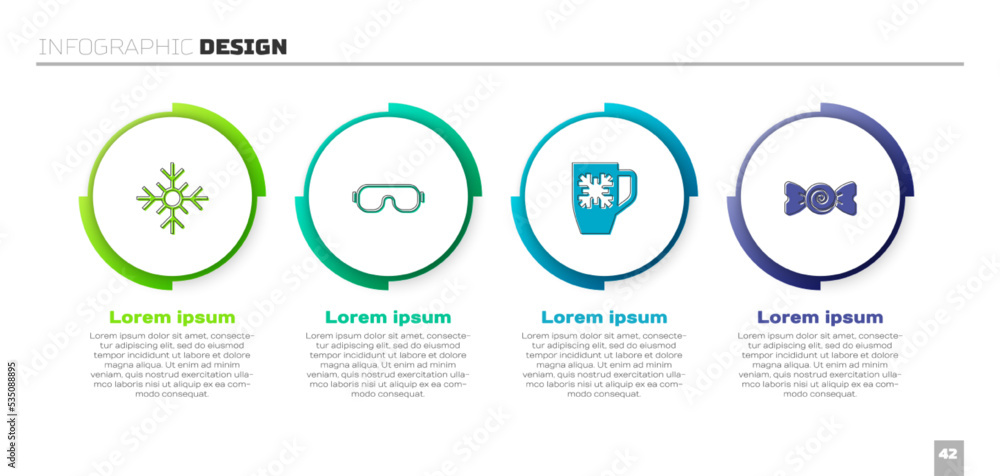 设置雪花、滑雪护目镜、带雪花和糖果的咖啡杯。商业信息图模板。Vect
