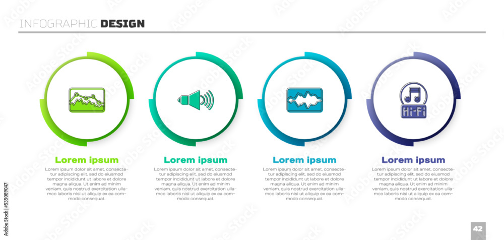 设置音乐均衡器、扬声器音量和音符、音调。商业信息图模板。矢量