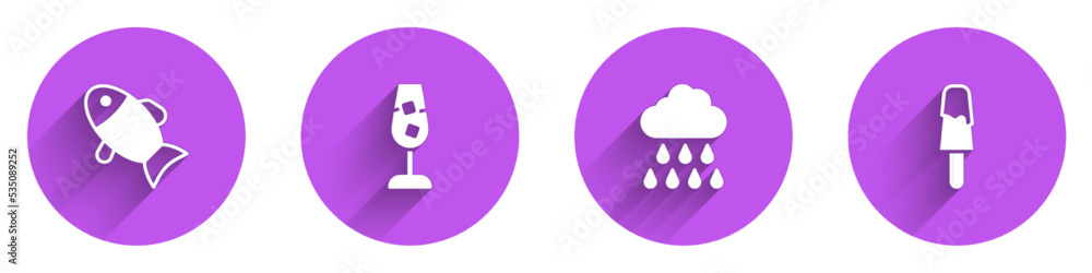 Set Fish，Wine glass，Cloud with rain and Ice cream icon with long shadow.Vector（设鱼、酒杯、带雨的云朵和带长阴影的冰淇淋图