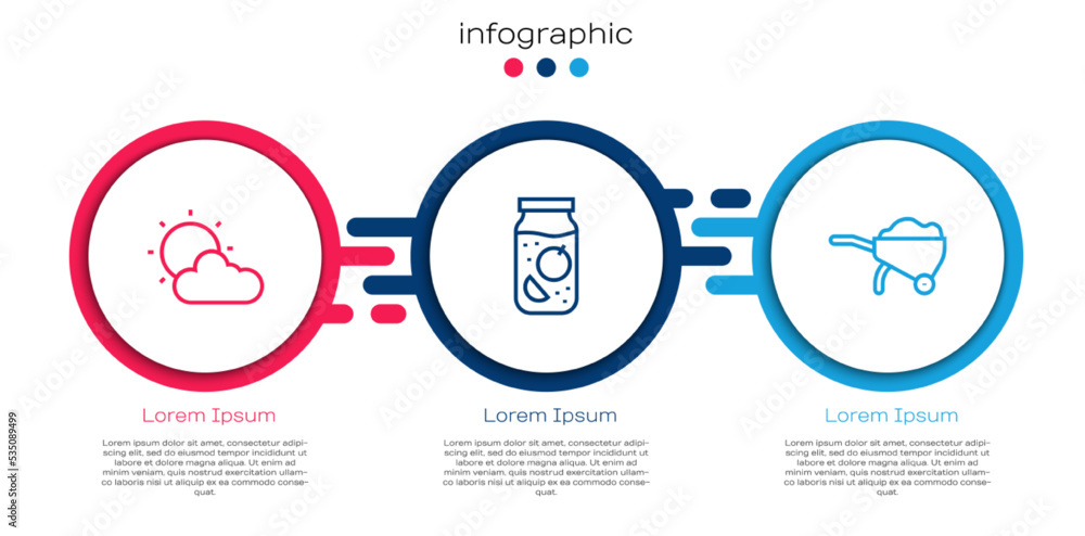 设置阳光和云层天气、果酱罐和带泥土的手推车。商业信息图模板。Ve