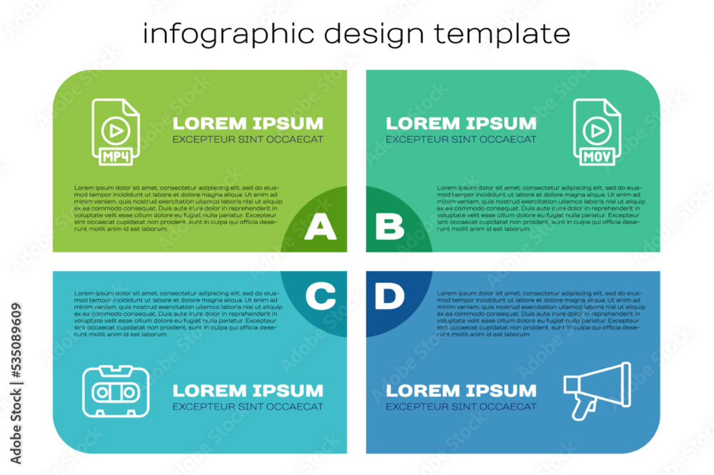 Set line Retro盒式磁带、MP4文件文档、Megaphone和MOV。商业信息图临时