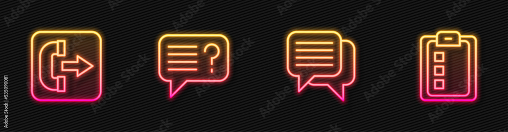 Set line Speech bubble chat, Outgoing call phone, Unknown search and Online quiz, test, survey. Glow