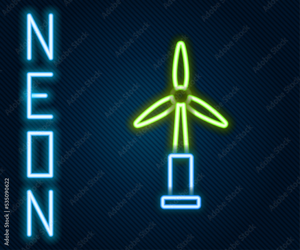 Glowing neon line Wind turbine icon isolated on black background. Wind generator sign. Windmill for 