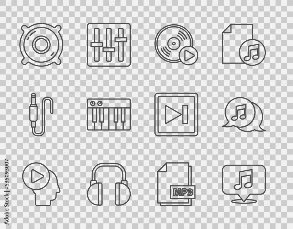 Set line Head people with play button, Musical note in speech bubble, Vinyl disk, Headphones, Stereo