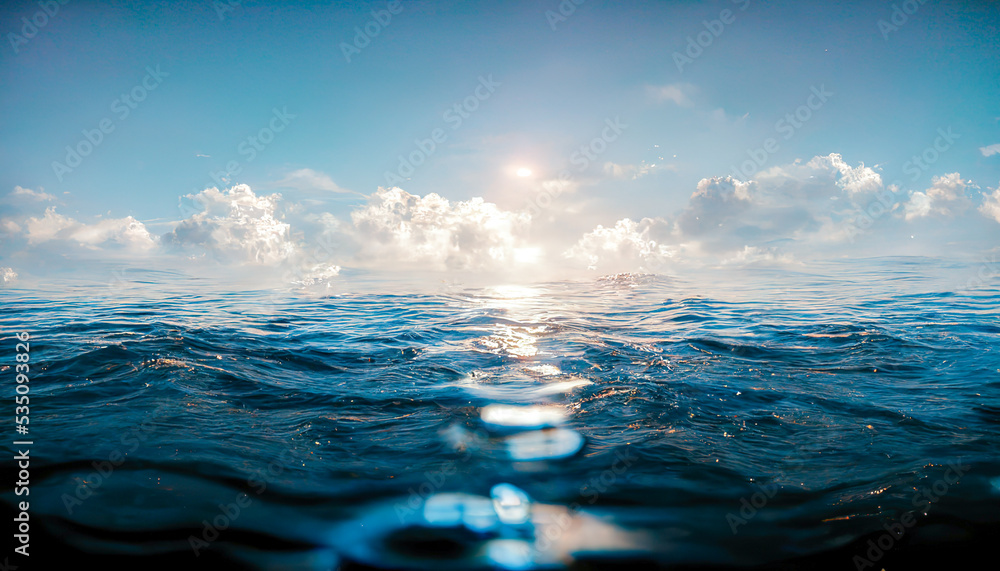 Spectacular abstract image of a scenic calm ocean, sunrise sky reflecting in the water. Sunset and n