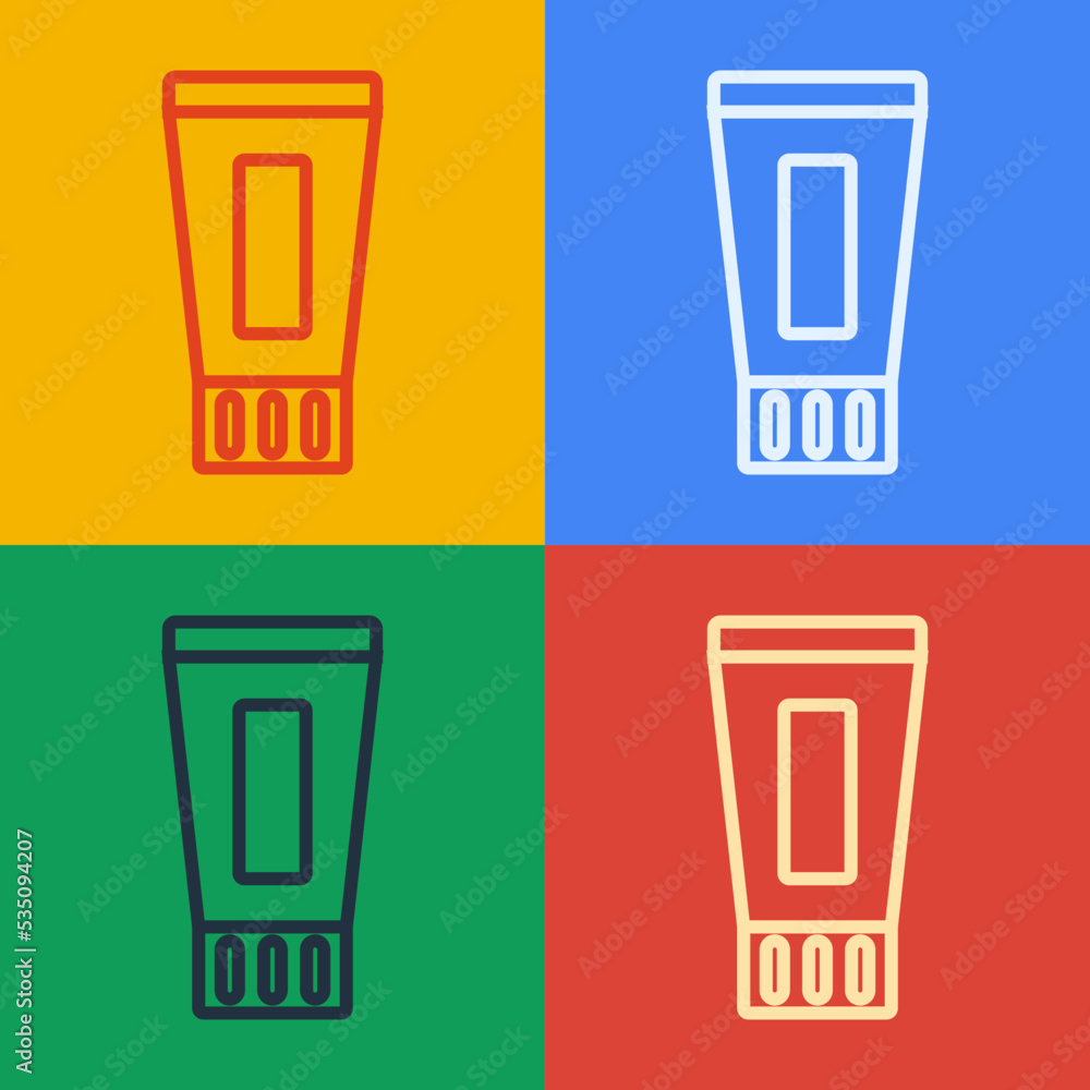 Pop art line Tube of toothpaste icon isolated on color background. Vector