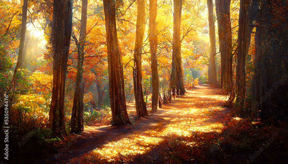 Spectacular autumn scenery in the thick forest with road path. Autumn forest landscape scene with st