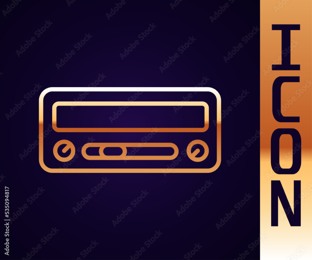 Gold line Car audio icon isolated on black background. Fm radio car audio icon. Vector