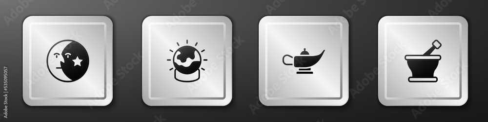 设定月亮和星星，魔法球，灯或阿拉丁和迫击炮杵图标。银色方形按钮。矢量