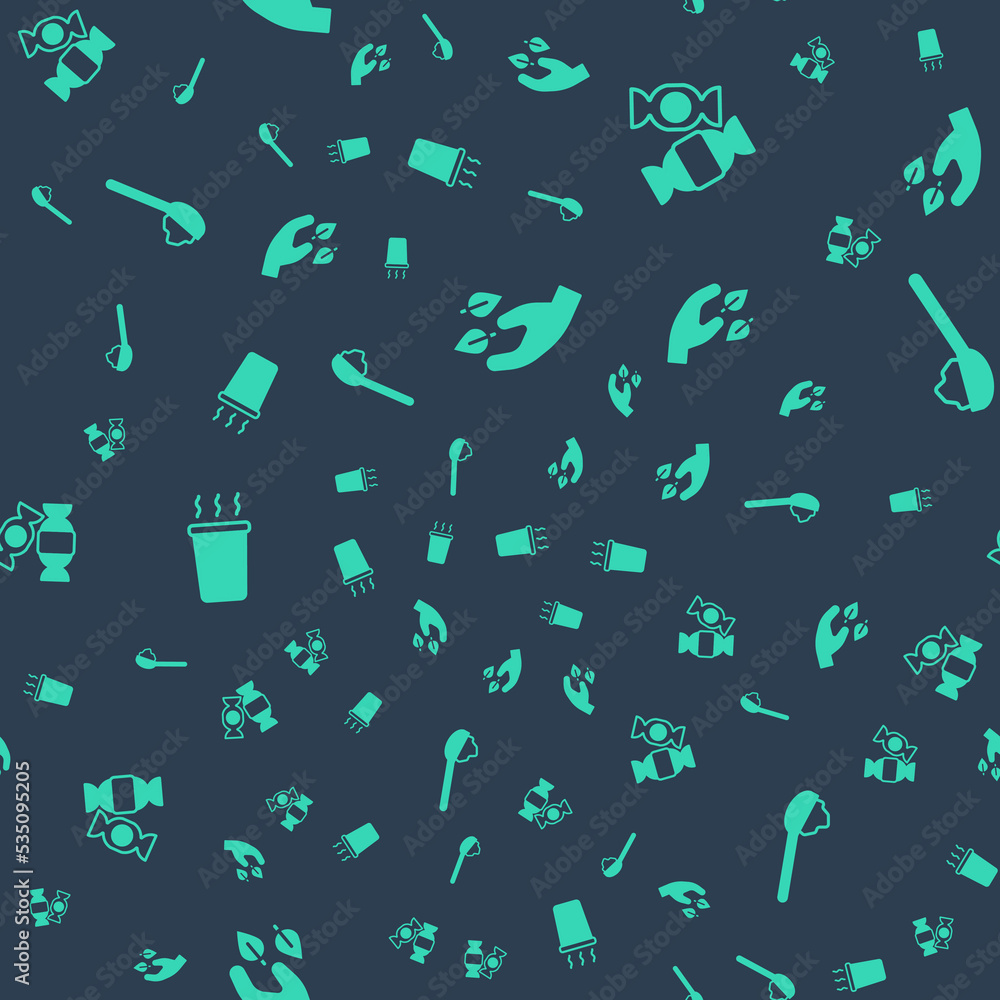 Set Tea leaf in hand, Candy, Cup of tea and Spoon with sugar on seamless pattern. Vector