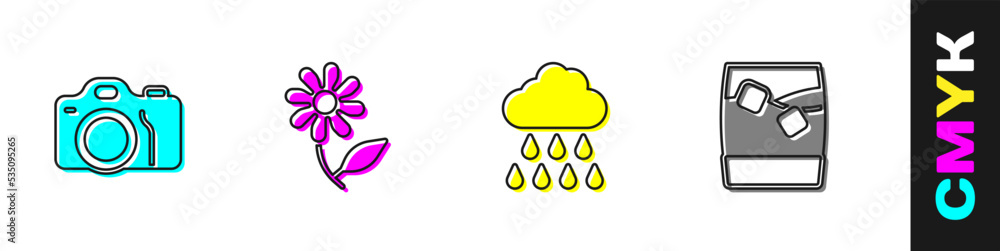 设置照片相机，花，带雨的云和一杯威士忌冰图标。矢量