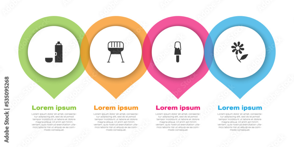 设置保温瓶、烧烤架、冰淇淋和鲜花。商业信息图模板。矢量