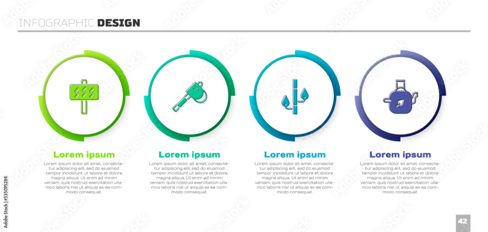 设置桑拿、木斧、竹子和带叶子的茶壶。商业信息图模板。矢量