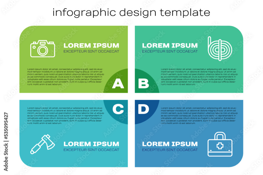 固定线木斧、照相/摄像机、急救箱和登山绳。商业信息图模板。Ve