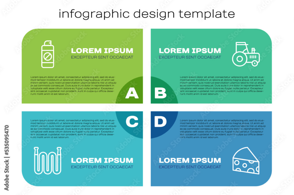 成套花园软管、化肥喷雾器、奶酪和拖拉机。商业信息图模板。Vec