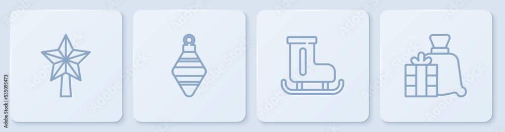 套装圣诞星、花样滑冰鞋、球和圣诞老人包礼物。白色方形按钮。矢量