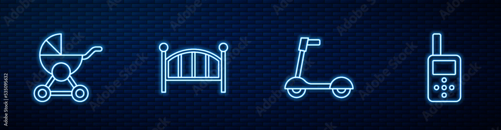 设置线路滚轴踏板车、婴儿推车、婴儿床摇篮床和监视器对讲机。发光的霓虹灯图标
