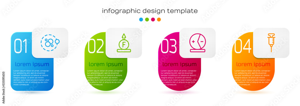 设置线原子、物理力公式和注射器。商业信息图模板。矢量