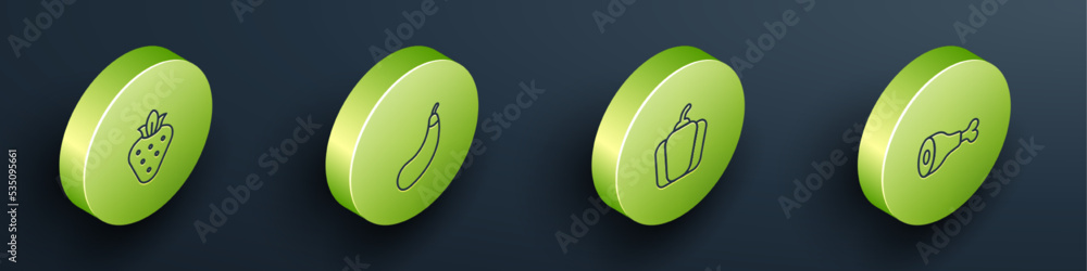 Set Isometric line Strawberry, Eggplant, Bell pepper and Chicken leg icon. Vector