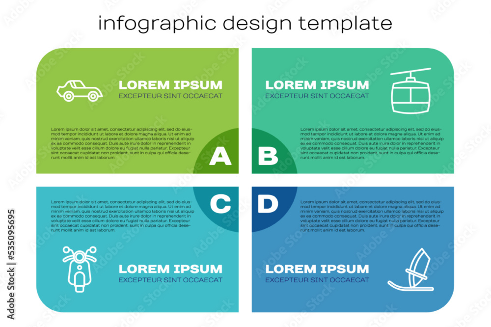滑板车、汽车、风帆冲浪和缆车系列。商业信息图模板。Vector