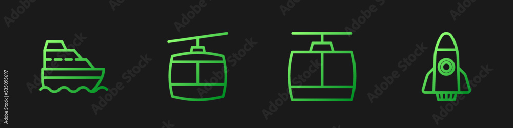 设置线路缆车、游轮和火箭。渐变色图标。矢量