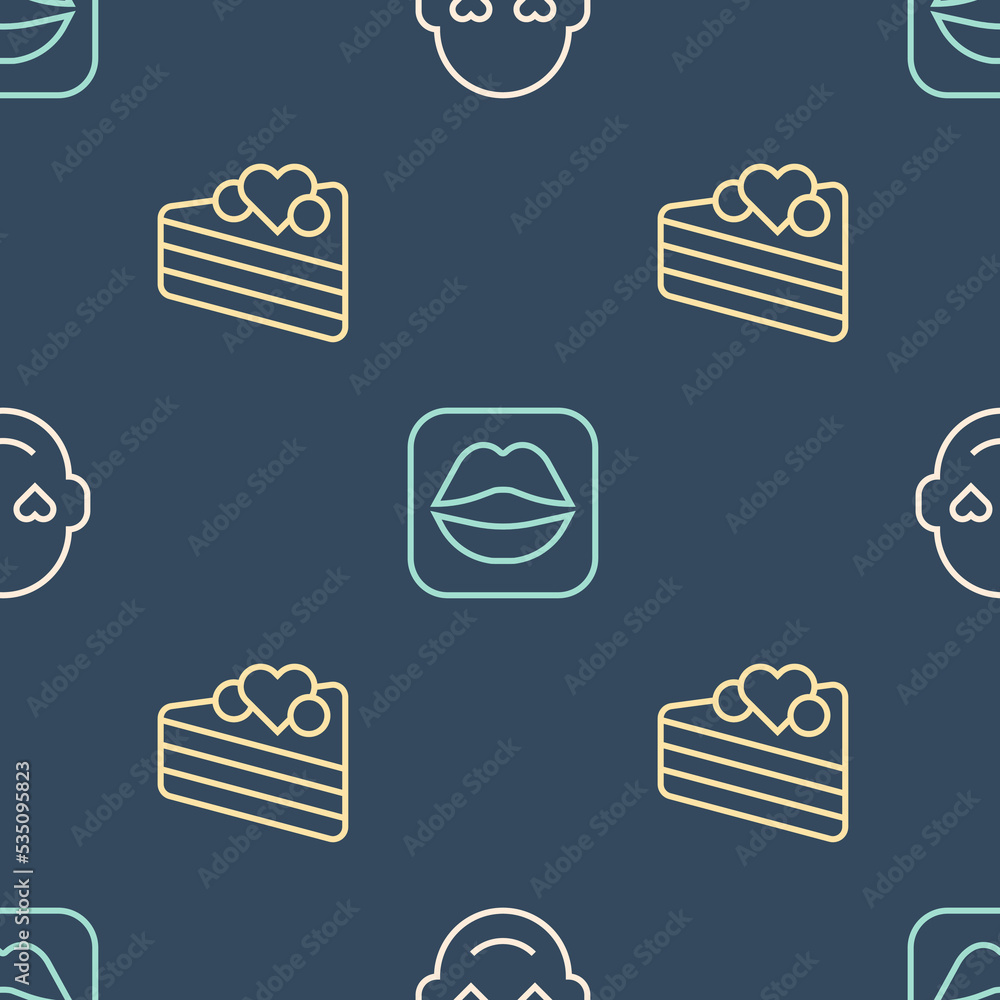 Set line Romantic man, Wedding cake and Smiling lips on seamless pattern. Vector