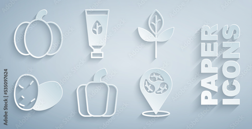 Set Bell pepper, Leaf or leaves, Potato, Vegan food diet, Organic cosmetic and Pumpkin icon. Vector