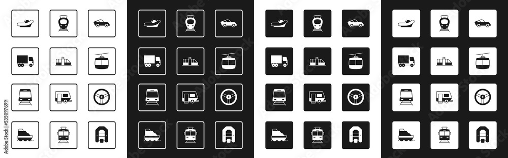 设置汽车、有轨电车和铁路、送货卡车、漂流船、电缆、方向盘和火车图标。