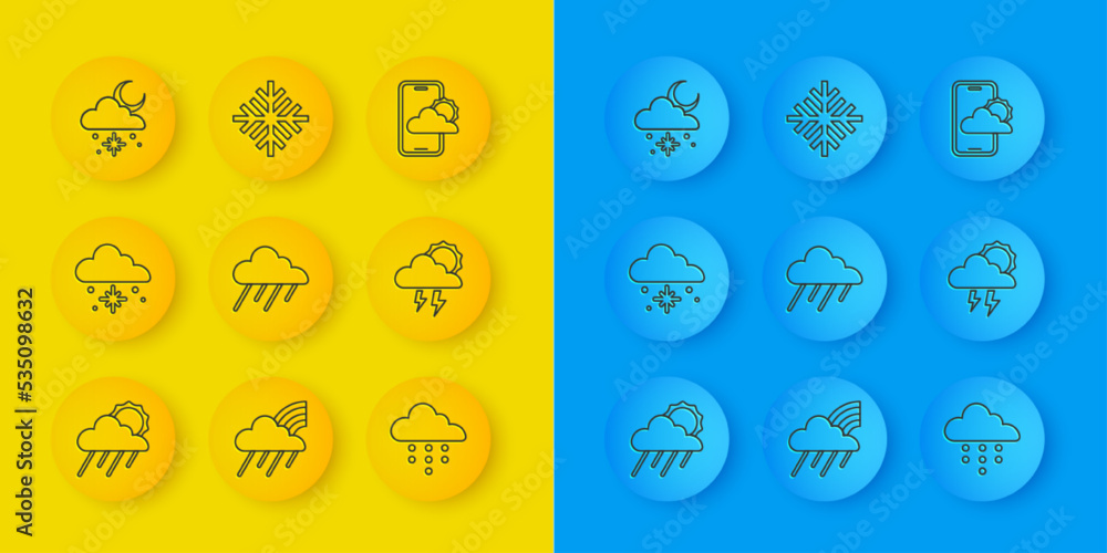 Set line Cloud with rain and sun, snow, Storm, Weather forecast and Snowflake icon. Vector