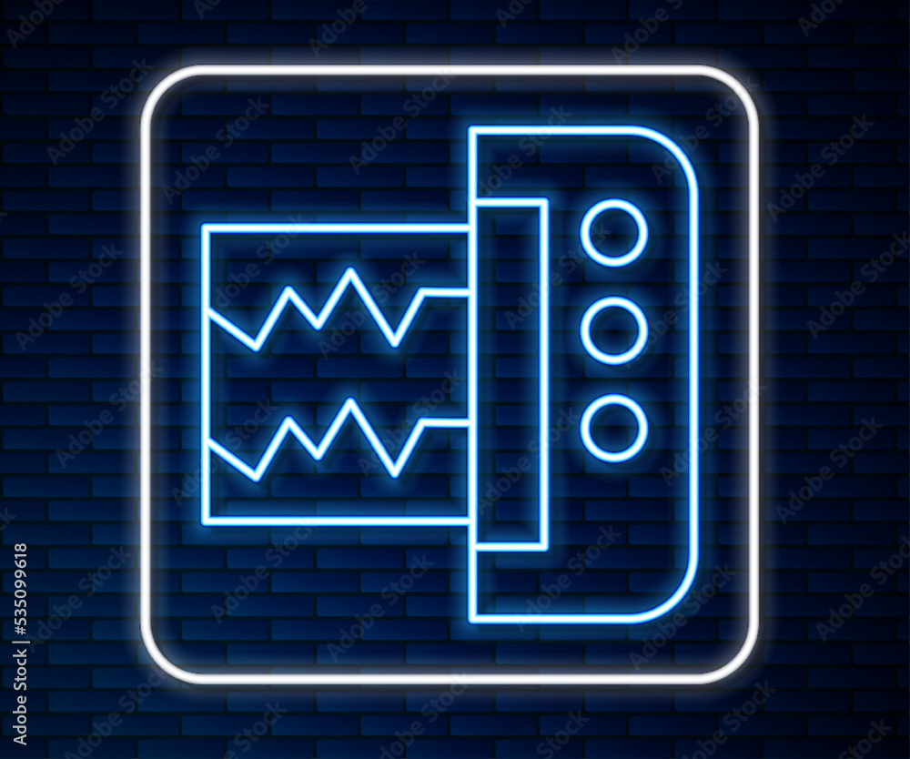 在砖墙背景上隔离的发光霓虹线地震仪图标。地震模拟地震仪。