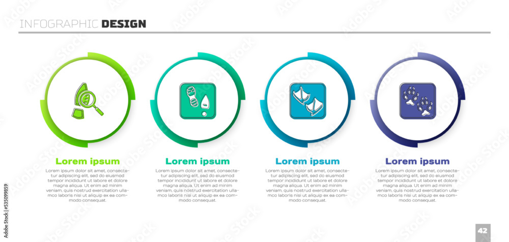 Set Magnifying glass with footsteps, Human footprints shoes, Seagull paw and Fox. Business infograph