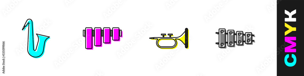 设置乐器萨克斯、潘笛、小号和木琴图标。矢量