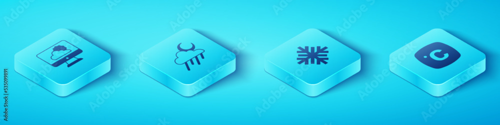 Set Isometric Weather forecast, Cloud with rain and moon, Celsius and Snowflake icon. Vector