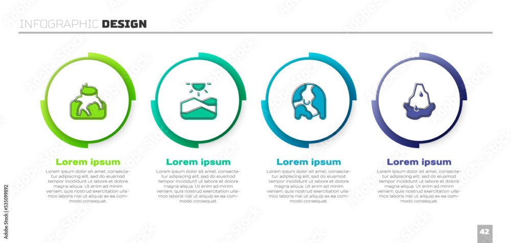 设定森林砍伐、干旱、全球变暖和冰川融化。商业信息图模板。Vecto