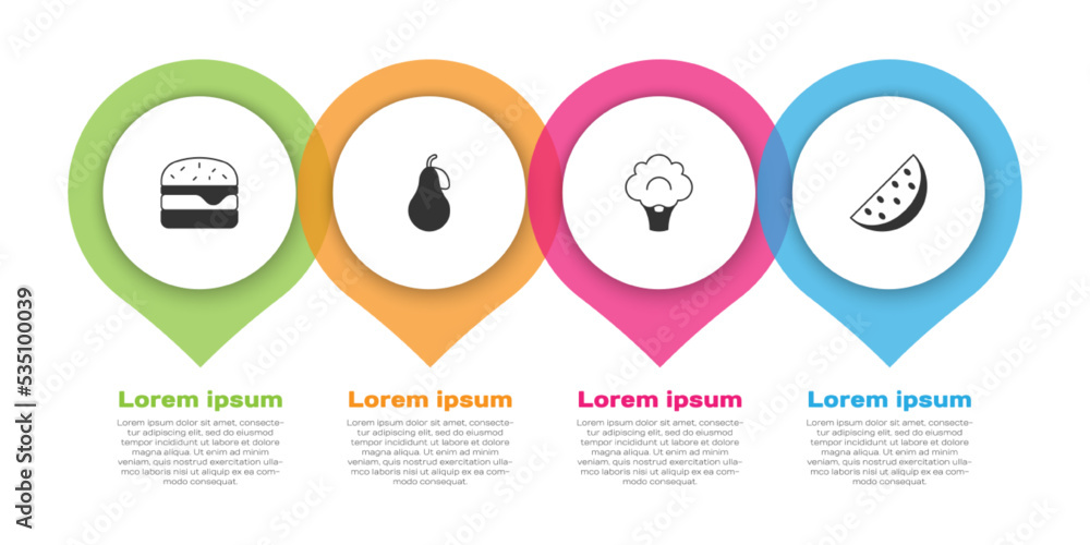 套餐汉堡、梨、西兰花和西瓜。商业信息图模板。矢量
