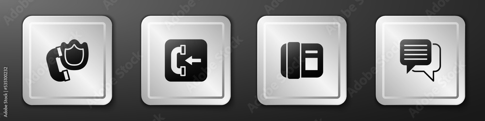 Set Telephone handset with shield, Incoming call, and Speech bubble chat icon. Silver square button.