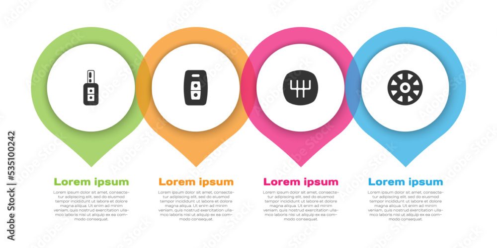 Set Car key with remote, Gear shifter and Alloy wheel for car. Business infographic template. Vector