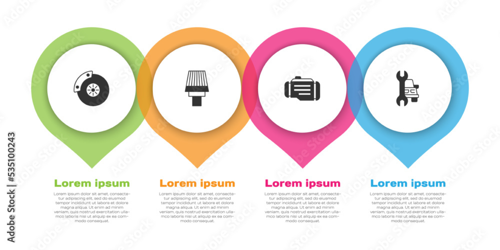 设置带卡钳的汽车制动盘、空气滤清器、检查发动机和服务。商业信息图模板