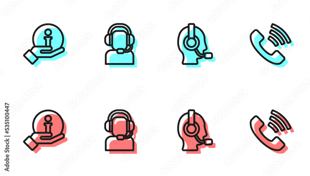 Set line Man with a headset, Information, and Telephone 24 hours support icon. Vector