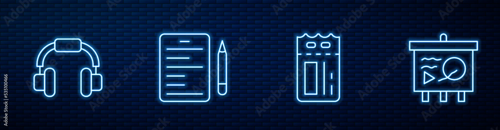 Set line Cinema ticket, Headphones, Scenario and chalkboard. Glowing neon icon on brick wall. Vector