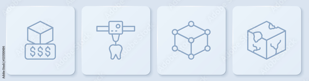 设置行3D打印机服务，等轴测立方体、齿状和白色正方形按钮.Vector