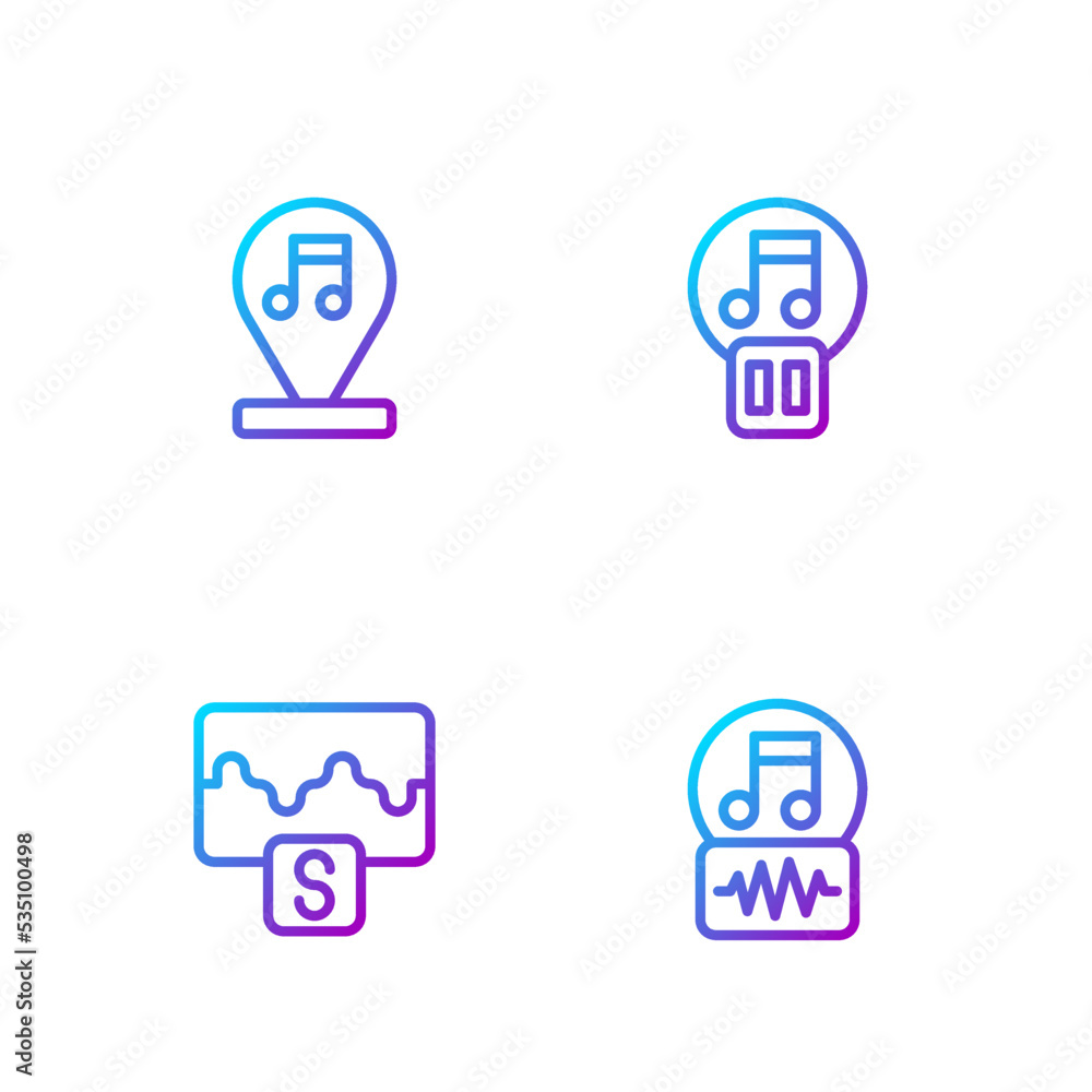 设置线路音乐音符、音调、均衡器和暂停按钮。渐变色图标。矢量