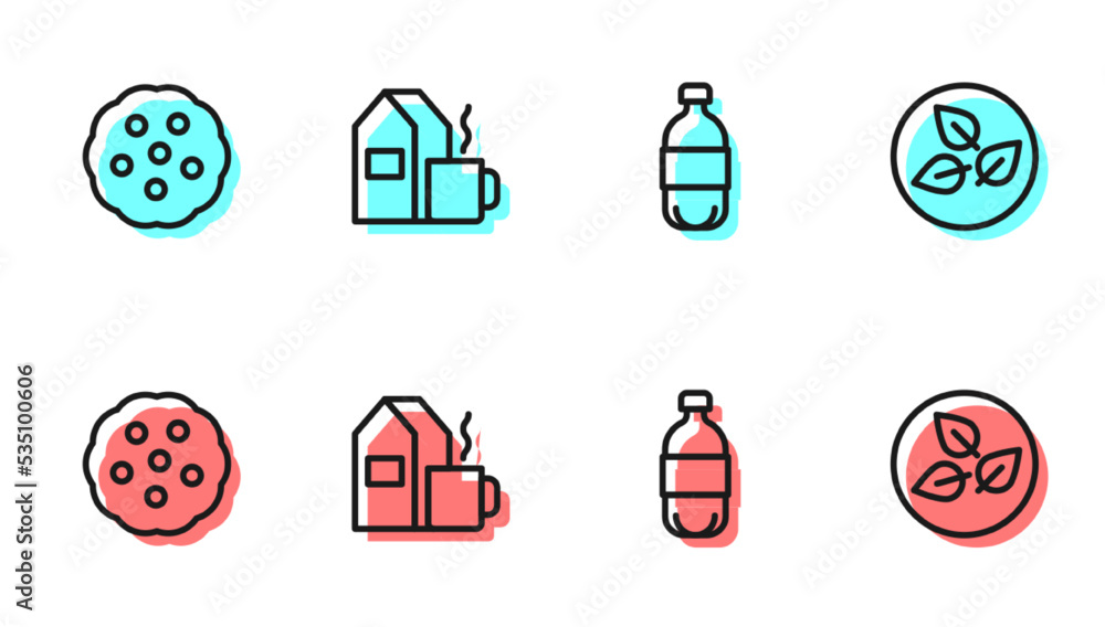 Set line Bottle of water, Cookie or biscuit, Cup tea with milk and Tea leaf icon. Vector